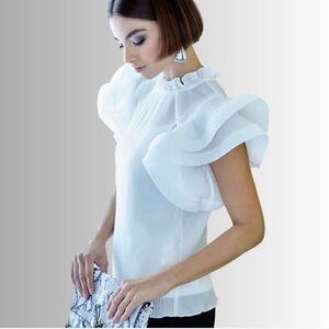 Frank Lyman white pleated top with dramatic statement pleated sleeves, size M